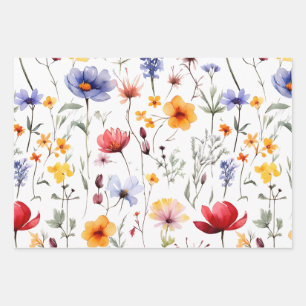 Bright Wildflower Meadow in Watercolor Pastel Tone Wrapping Paper Sheets