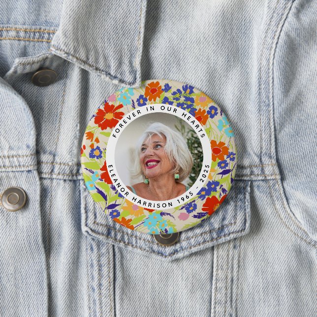 Bright Wildflower Memorial Photo Frame with Text Button (In Situ)