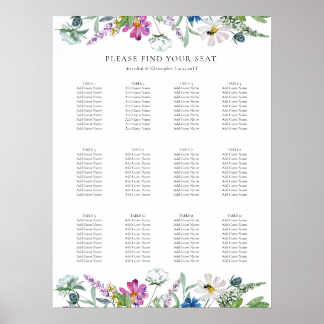 Bright Wildflowers 12 Table Wedding Seating Chart (Front)