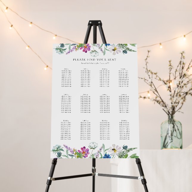 Bright Wildflowers 12 Table Wedding Seating Chart Foam Board (In Situ (Stand))
