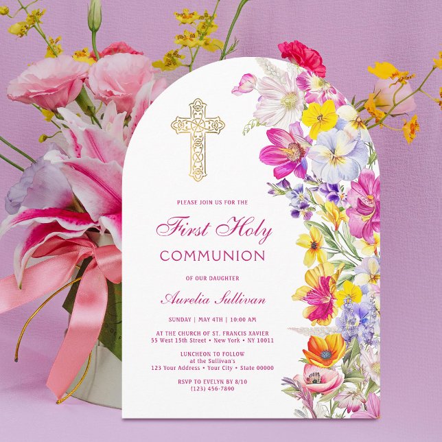 Bright Wildflowers Arch First Communion Invitation (Creator Uploaded)