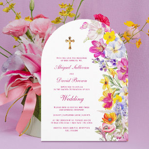 Bright Wildflowers Arch Religious Wedding Invitation