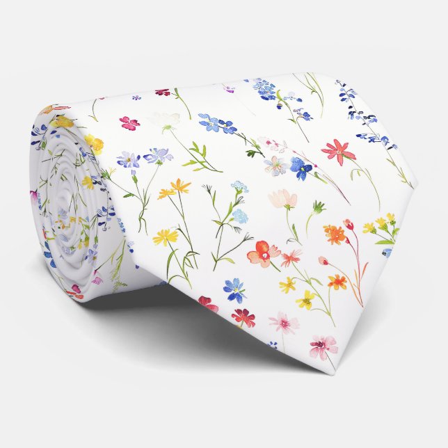 Bright Wildflowers Pattern Neck Tie (Rolled)