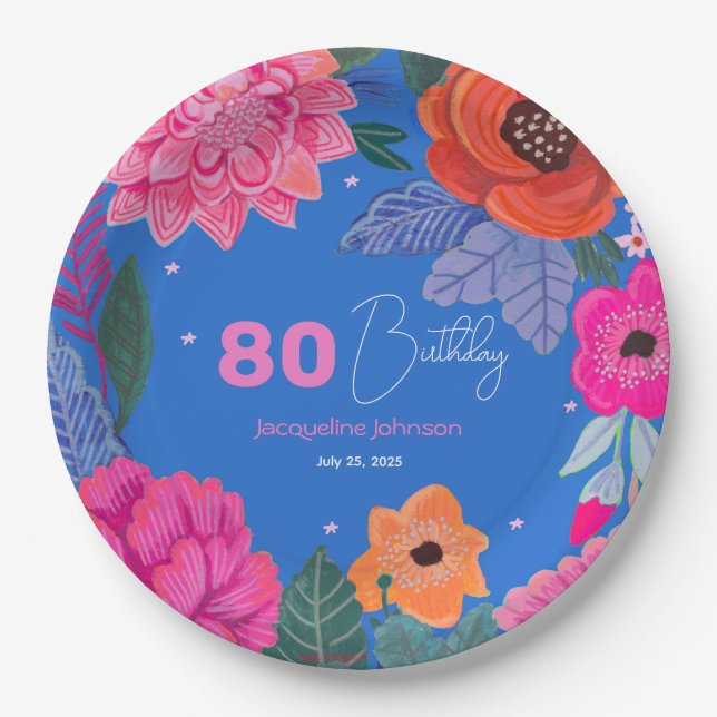 Bright Wildflowers Pink Blue Birthday party Paper Plates (Front)