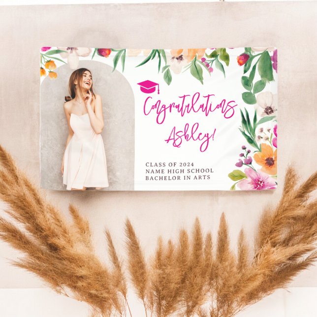 Bright wildflowers pink floral graduation congrats banner (Bright wildflowers pink floral graduation congrats banner)