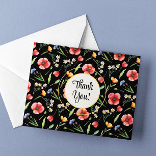 Bright Wildflowers Red Poppies Yellow Buttercups Letterpress Thank You Card