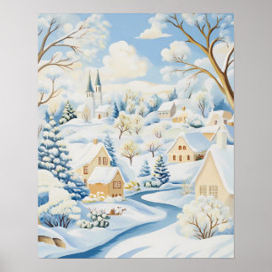 Bright Winter Village with Snowy Hills and Trees Poster