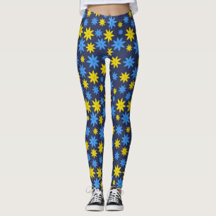 Bright yellow and blue floral pattern leggings