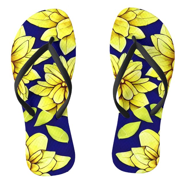 Bright Yellow and Blue Floral Seamless Pattern Flip Flops (Footbed)