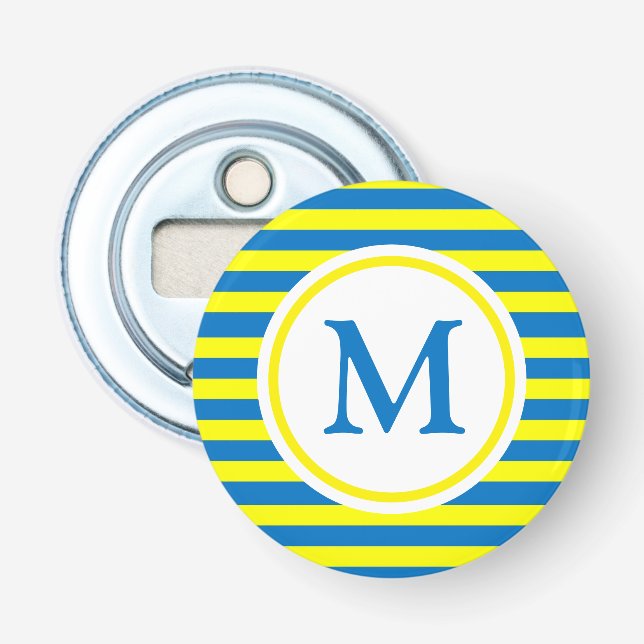 Bright Yellow and Blue Stripes Monogram Bottle Opener (Front)