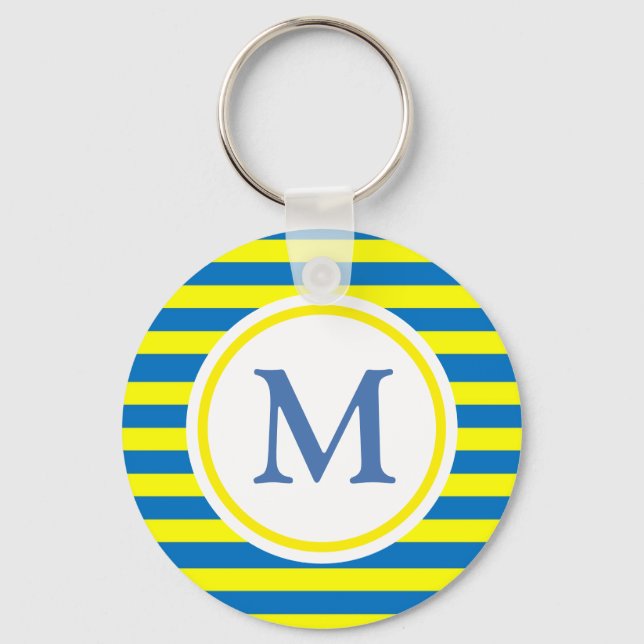 Bright Yellow and Blue Stripes Monogram Keychain (Front)