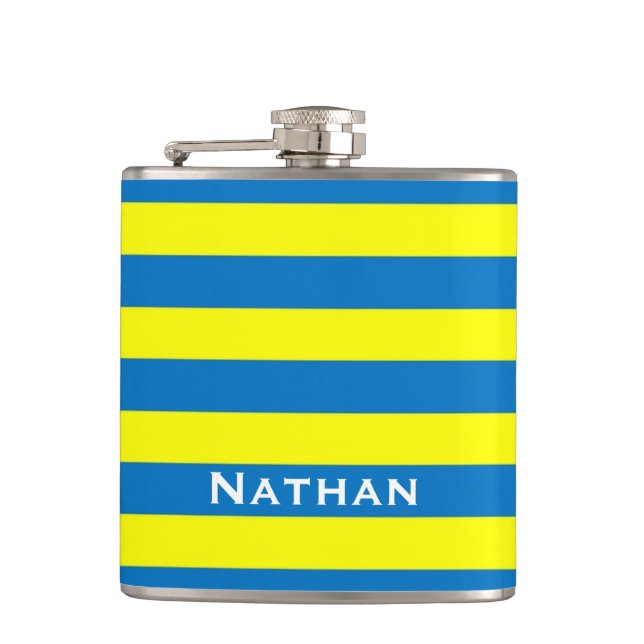 Bright Yellow and Blue Stripes Personalised Flask (Front)