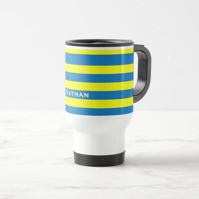Bright Yellow and Blue Stripes Personalised Travel Mug (Front Right)