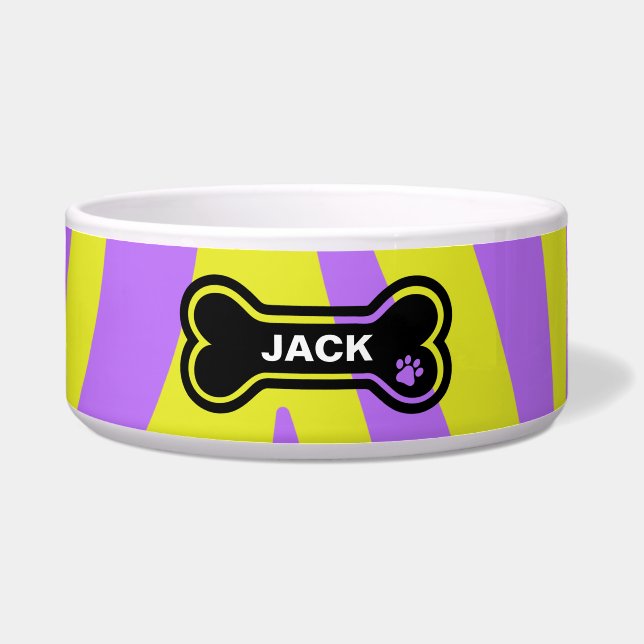 Bright Yellow and Purple Personalized Dog Bowl (Front)