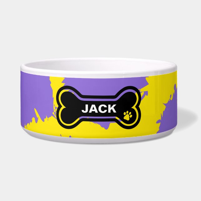 Bright Yellow and Purple Personalized Dog Bowl (Front)