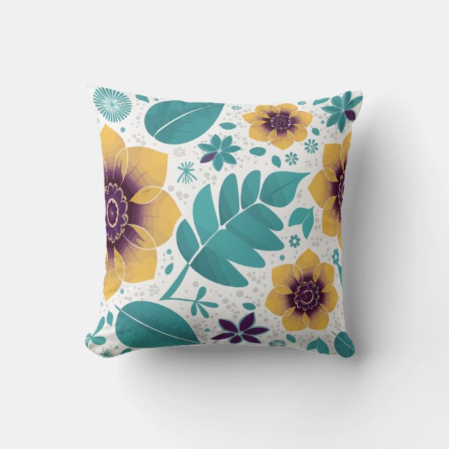 Bright Yellow and Teal Floral on White Background Throw Pillow (Front)
