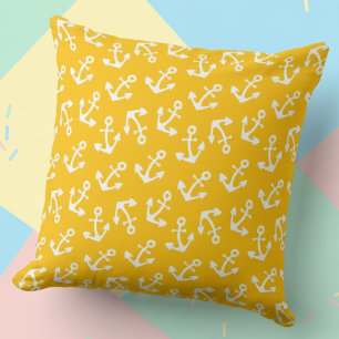 Bright Yellow and White Anchors Nautical Cotton Throw Pillow