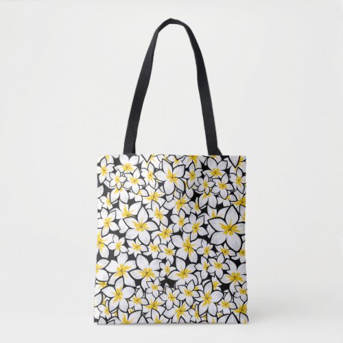 Bright yellow and white frangipani art on black tote bag