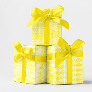 Bright Yellow and White Greek Key Pattern Wrapping Paper