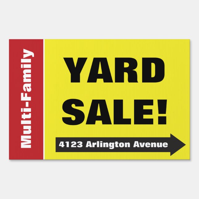 Bright Yellow Arrow Garage Rummage Sale Yard Sign (Front)