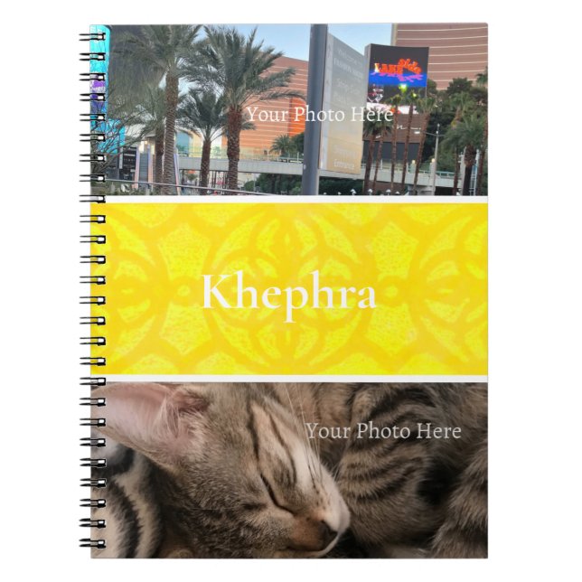 Bright Yellow Batik Photo Collage, Border, Name Notebook (Front)