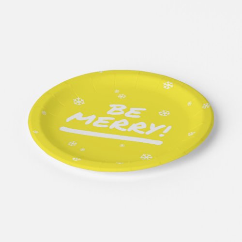 Bright Yellow Be Merry Christmas Party Paper Plates