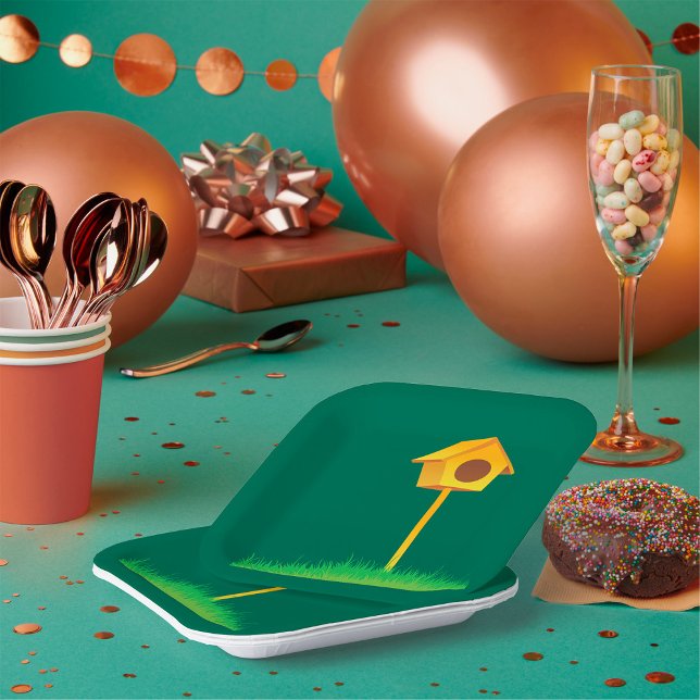 Bright Yellow Birdhouse on Grass Paper Plates (Creator Uploaded)