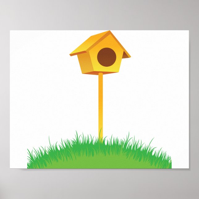 Bright Yellow Birdhouse on Grass Poster (Front)