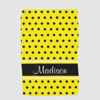 Bright Yellow Black Polka Dot Stripe Script Name Golf Towel
