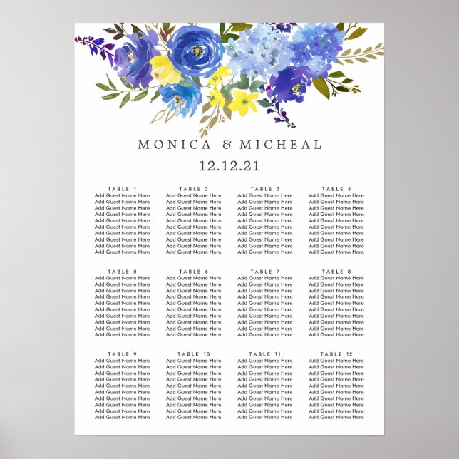 Bright Yellow Blue  Flower Wedding Seating Chart (Front)