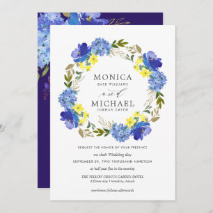 Bright yellow blue flowers wreath wedding invitation
