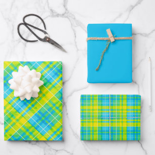 Bright Yellow, Blue, Green & White Plaid Wrapping Paper Sheets