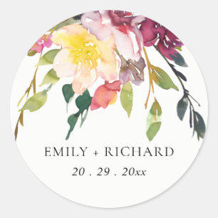 BRIGHT YELLOW BLUSH BURGUNDY FLORAL BUNCH WEDDING CLASSIC ROUND STICKER