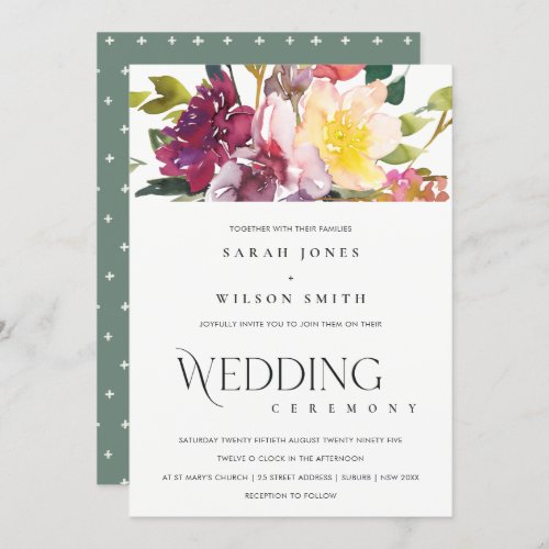 BRIGHT YELLOW BLUSH BURGUNDY FLORAL BUNCH WEDDING INVITATION