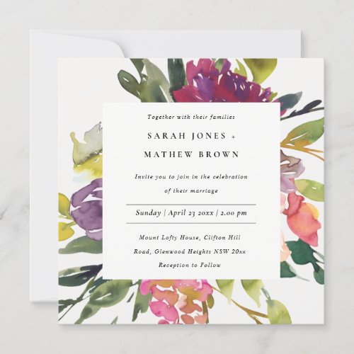 BRIGHT YELLOW BLUSH BURGUNDY FLORAL BUNCH WEDDING INVITATION