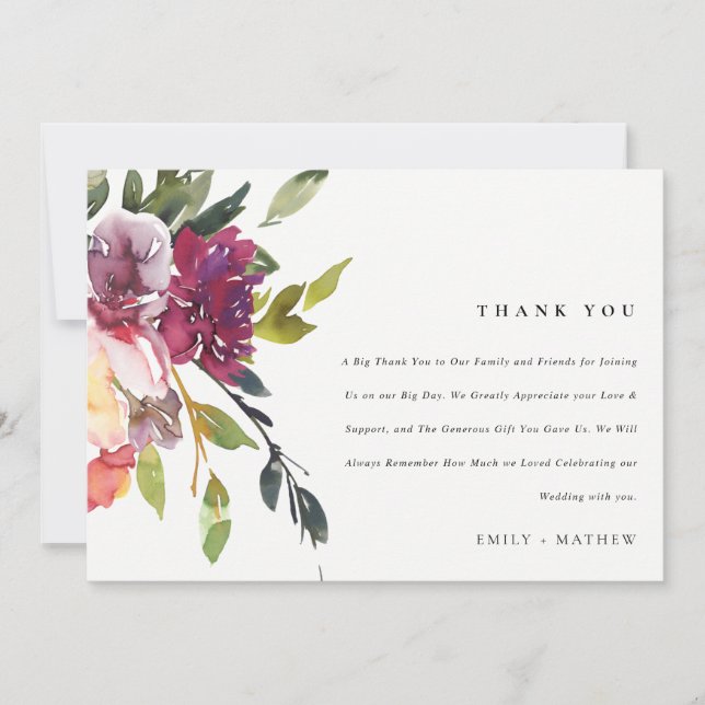 BRIGHT YELLOW BLUSH BURGUNDY FLORAL BUNCH WEDDING THANK YOU CARD (Front)