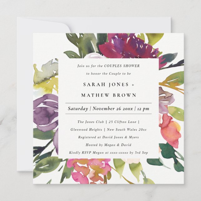 BRIGHT YELLOW BLUSH BURGUNDY FLORAL COUPLES SHOWER INVITATION (Front)