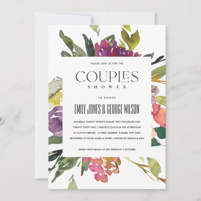 BRIGHT YELLOW BLUSH BURGUNDY FLORAL COUPLES SHOWER INVITATION (Front)