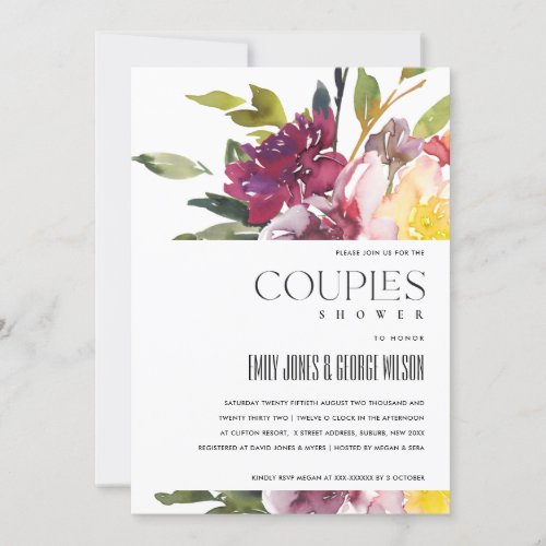 BRIGHT YELLOW BLUSH BURGUNDY FLORAL COUPLES SHOWER INVITATION