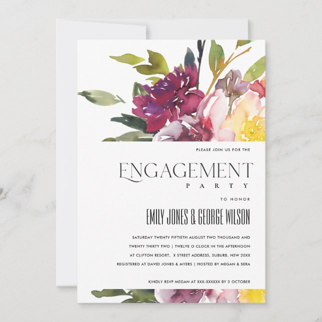 BRIGHT YELLOW BLUSH BURGUNDY FLORAL ENGAGEMENT INVITATION (Front)