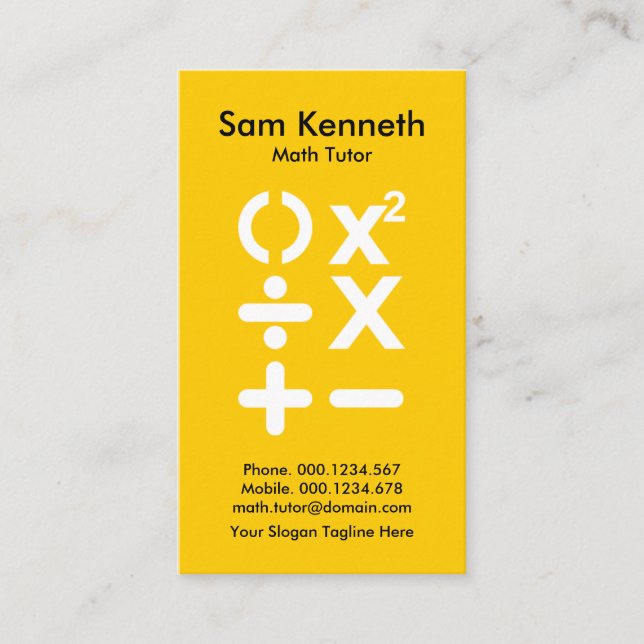 Bright Yellow BODMAS Math Symbol Math Tutor Business Card (Front)