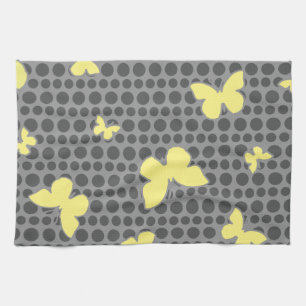 Bright Yellow Butterflies on Grey Kitchen Towel