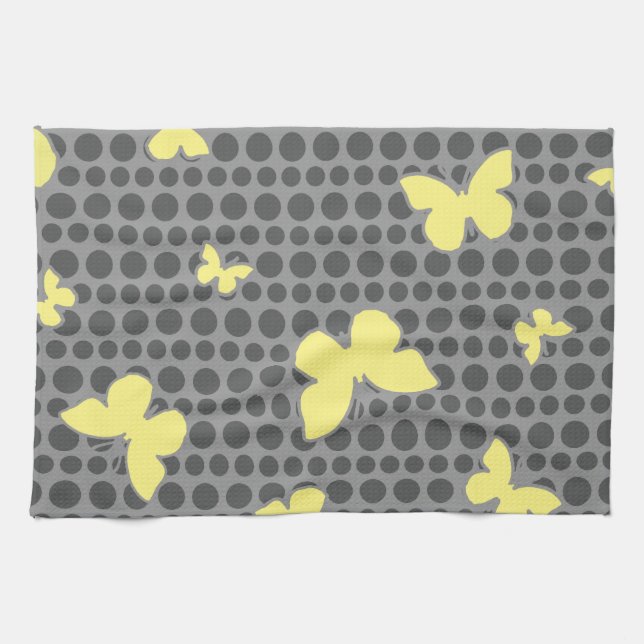 Bright Yellow Butterflies on Grey Kitchen Towel (Horizontal)