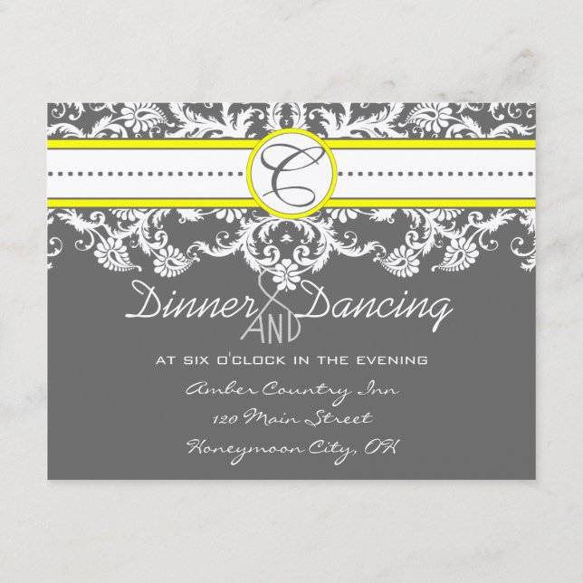 Bright Yellow Charcoal  Gray Damask Reception Card (Back)
