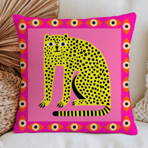 Bright Yellow Cheetah on Pink Evil Eyes Funky Throw Pillow