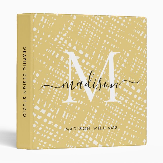 Bright Yellow Chic Pattern Monogram Script Name 3 Ring Binder (Front/Spine)