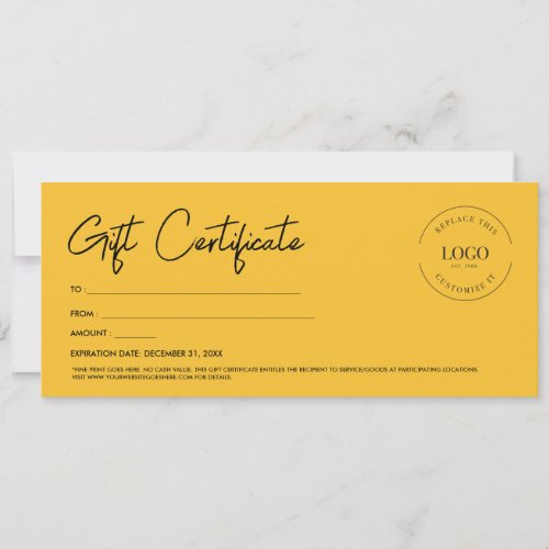 Bright Yellow Custom Logo Gift Certificate Script Invitation