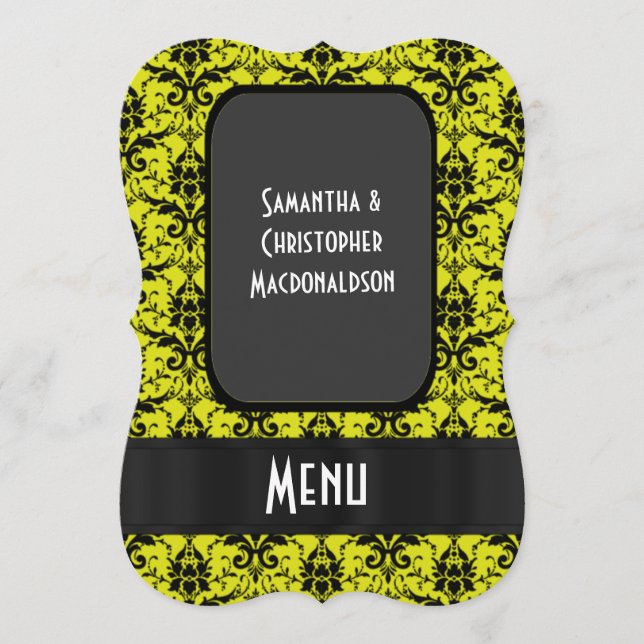 Bright yellow damask formal wedding menu (Front)