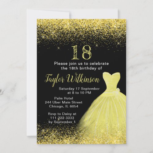 Bright Yellow Dress Faux Glitter Birthday Party Invitation