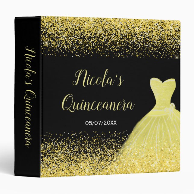Bright Yellow Dress Faux Glitter Quinceanera Album 3 Ring Binder (Front/Spine)